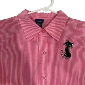 Cottagecore Catcore Cat Pink Y2K Striped Button Up Shirt Preppy Long Sleeve L